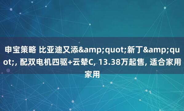 申宝策略 比亚迪又添&quot;新丁&quot;, 配双电机四驱+云辇C, 13.38万起售, 适合家用
